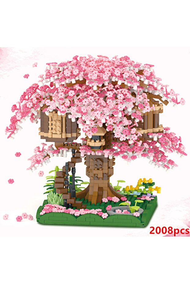 No Box 2138pcs DIY Discoloration Cherry Blossom Flower Pink Tree House Train Assembly Building Block