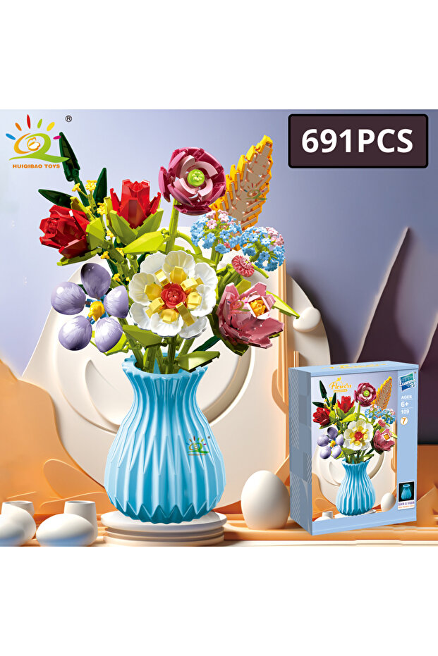 A7 With vase and box HUIQIBAO MOC Flower Model Building Blocks 3D Bouquet Plants Sunflower Rose Bric