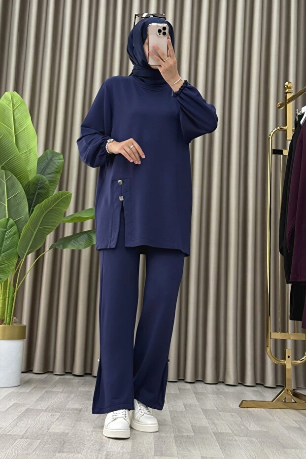 Suheyla Takim Crystal Fabric Women's Navy Blue Slit Detailed Tunic Pants Hijab Set
