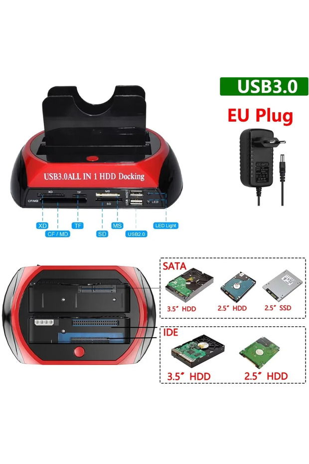 EU Plug USB 3.0 Dual Slots Hard Drive Station USB3.0 To 2.5/3.5 Inch SATA SSD HDD With HUB SD TF Rea