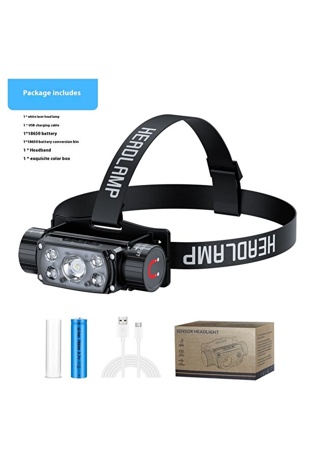 مصباح أمامي LED طراز X52 18650 مع مستشعر، ضوء أبيض، 3 أوضاع تشغيل، مصباح رأس 18650 21700، كشاف يدوي، ضوء أحمر وامض