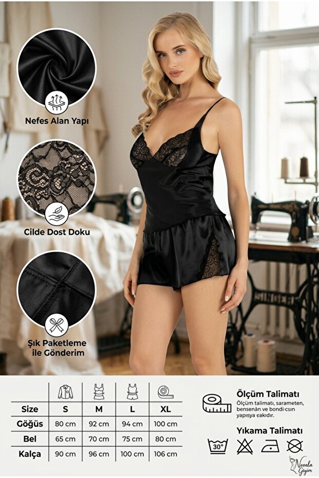 Elegant Lace Detailed Satin Shorts Set - Black
