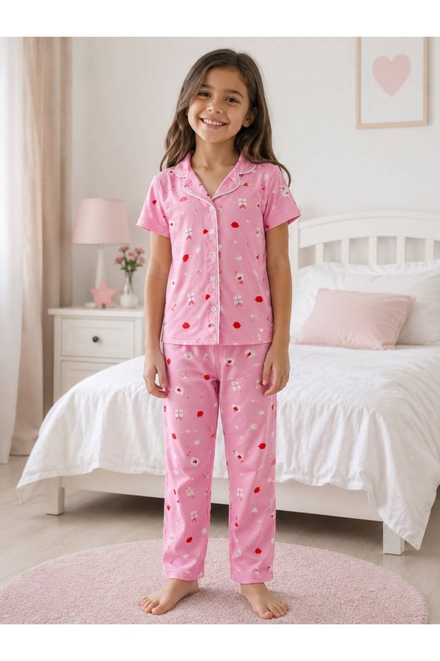 Girl's Cotton Milan Fabric Pink Heart Gift Patterned Shirt Collar White Piping Short Sleeve Pajama Set