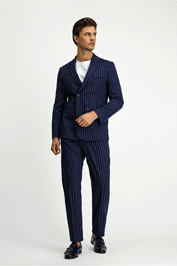 8 Drop Muscle Fit Long Athletic Cut Striped Waist Buckled Double-Breasted Suit