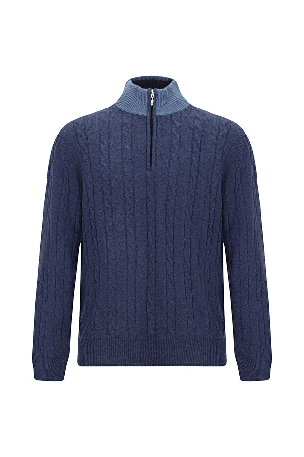 Half Turtleneck Regular Fit Patterned Zippered Cashmere Knitwear Sweater