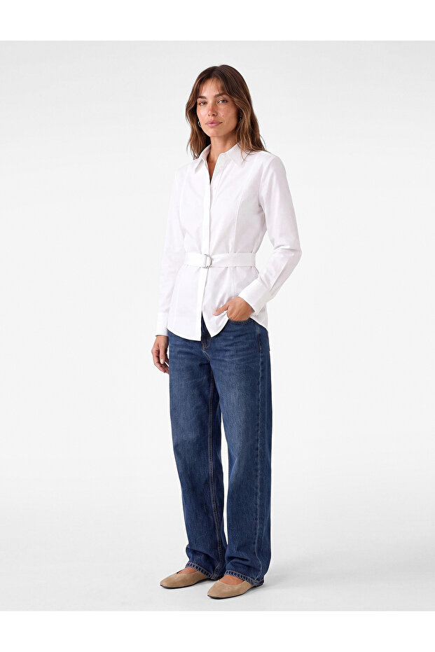 Cotton Regular Fit Long Sleeve Belted Poplin Shirt