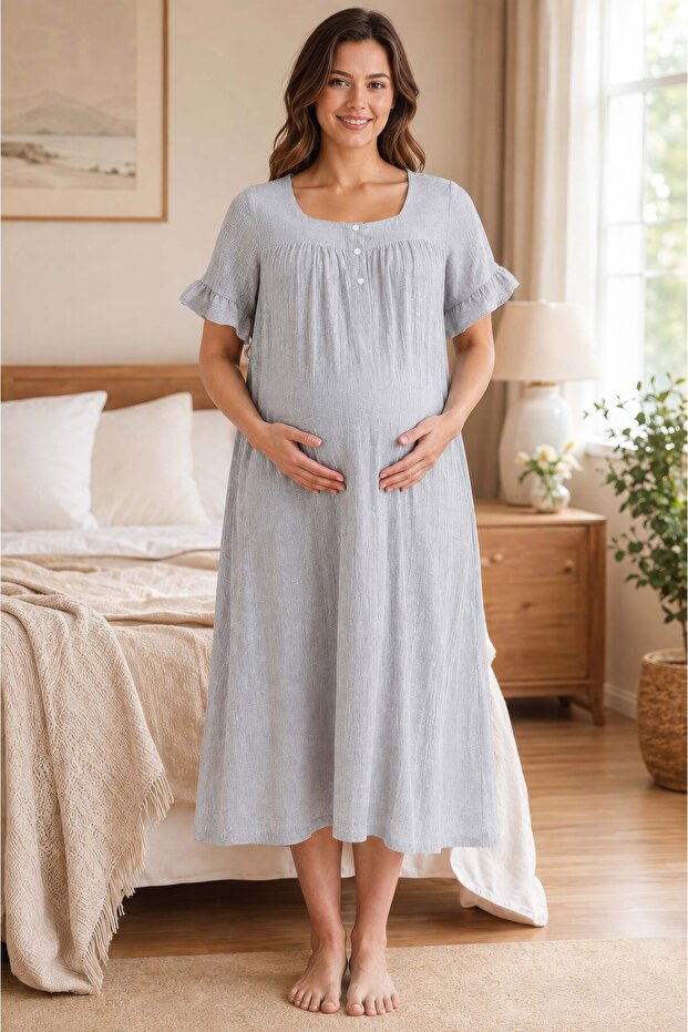 Short Sleeve Muslin Fabric Maternity Nightgown with Breastfeeding Feature Effortt - Gray