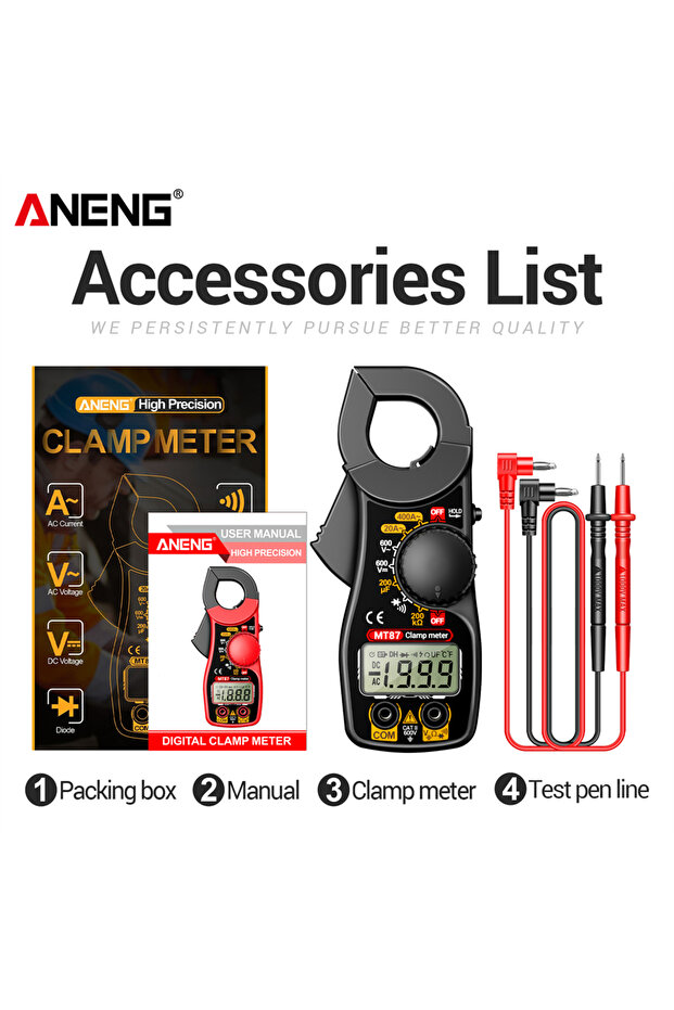 مقياس التيار الكهربائي الرقمي ANENG MT87 باللون الأسود، جهاز قياس متعدد الوظائف احترافي بـ 1999 عداد، جهاز اختبار الجهد المستمر/المتردد