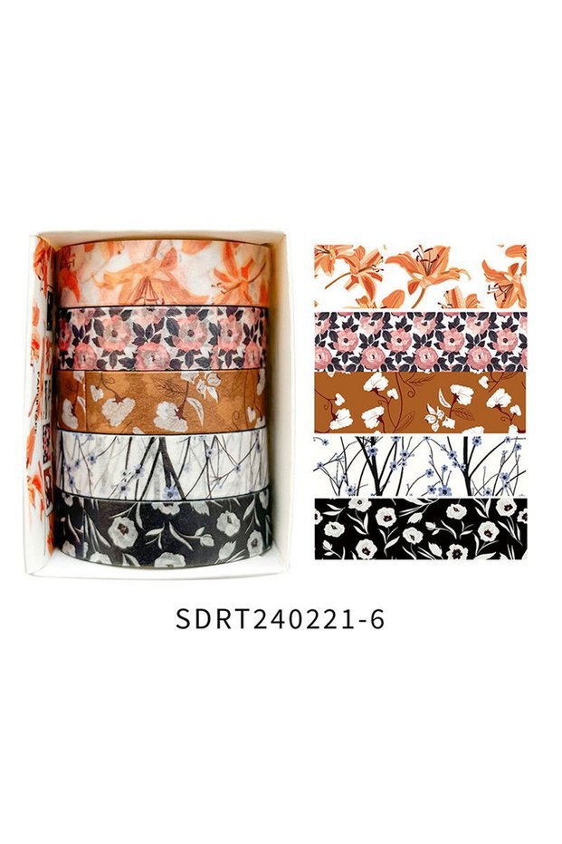 JDX-869 5 Rolls of Boxed Romantic Flower Handbook Tape, Cute DIY Fresh Decorative Washi Tape for Stu