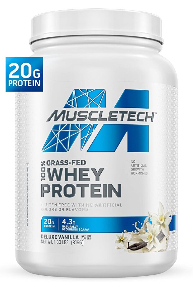 100% Grass-Fed Whey Protein, Deluxe Vanilla, 1.8 LB Protein Powder for Muscle Gain Non-GMO, Gluten Free | 20g Protein + 4.3g BCAA