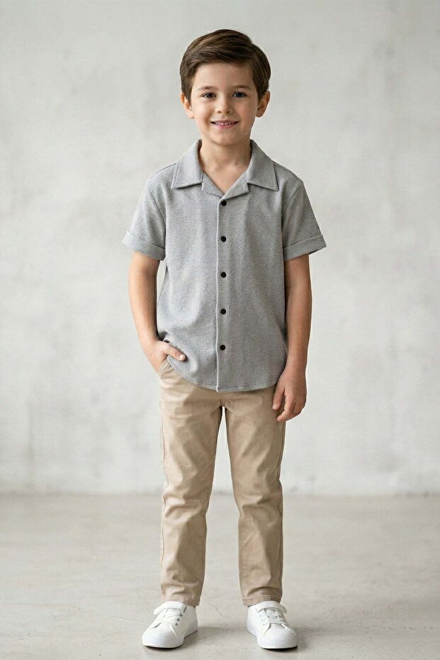 Boy's Shirt with Folded Sleeves and Buttons
