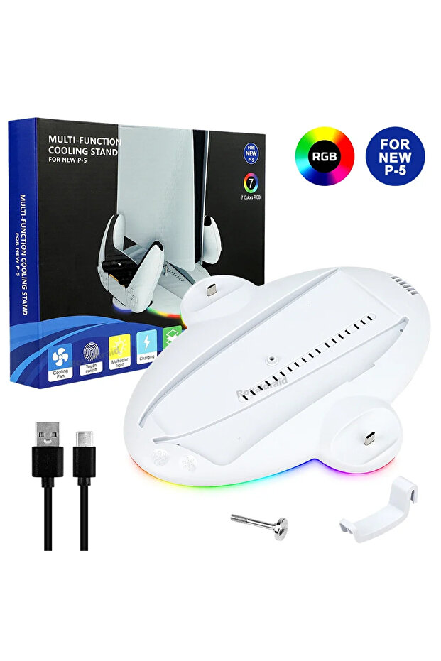 حامل تبريد أبيض لجهاز PS5 Slim مع إضاءة LED RGB وشاحن سريع لوحدة تحكم PS5 Slim