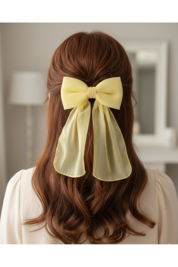 Yellow Long Tail Chiffon Bow Automatic Clip-On Buckle