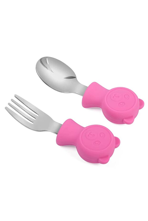 304 Steel Panda Baby Spoon Fork Set with Silicone Handle Bpa Free Ergonomic Non-Slip Fuchsia