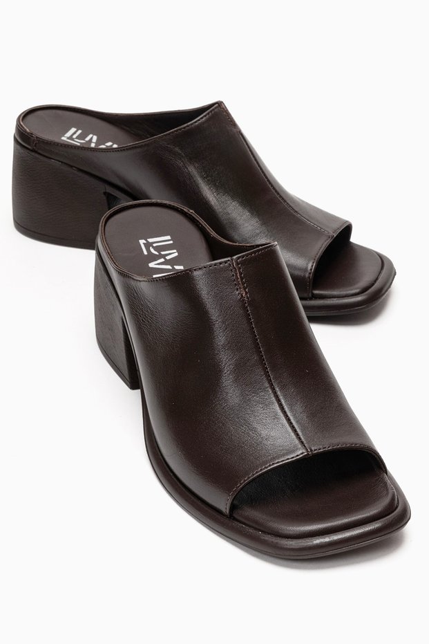 Sorex Brown Skin Genuine Leather Women's Thick Heeled Slippers