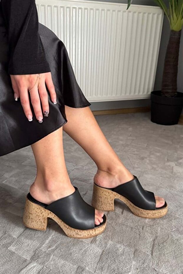 Women's Silva Black Cork Sole Orthopedic Platform Heel Slippers