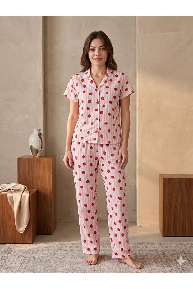 Summer Lycra Women's Shirt Collar Buttoned Pajama Set