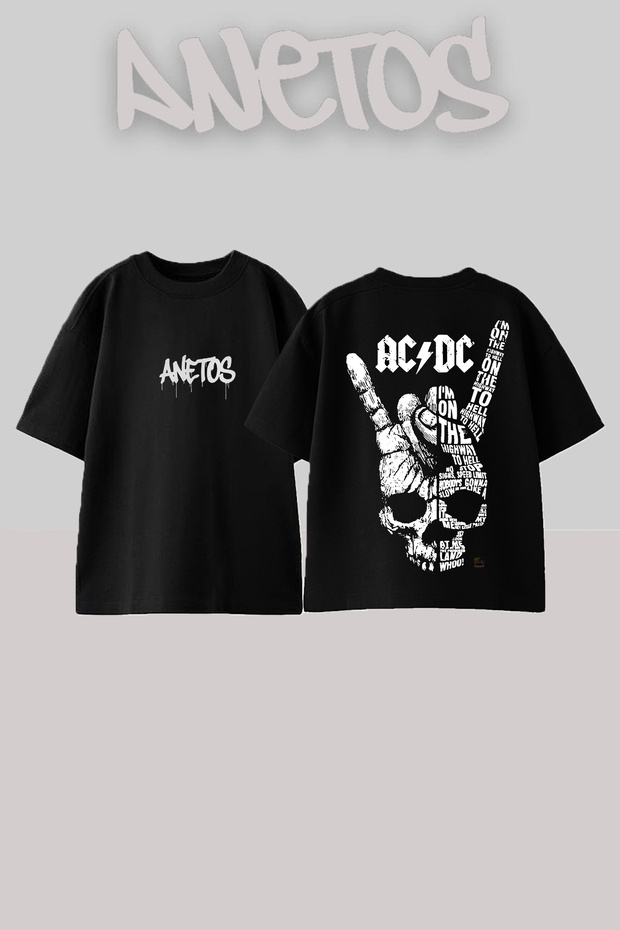 Ac Dc Design Back Printed Cotton Black Oversize T-Shirt