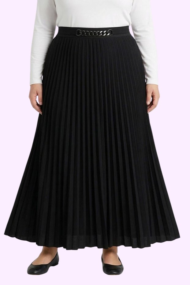 Women's Black High Waist Chain Detailed Pleated Long Skirt