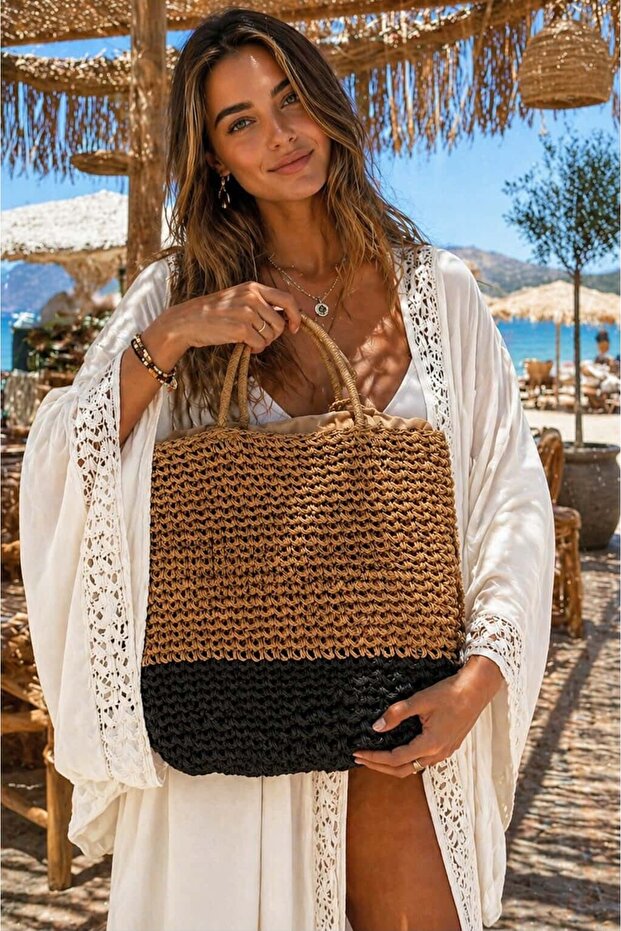 Black Hand Knitted Straw Women's Bag 40X45 cm
