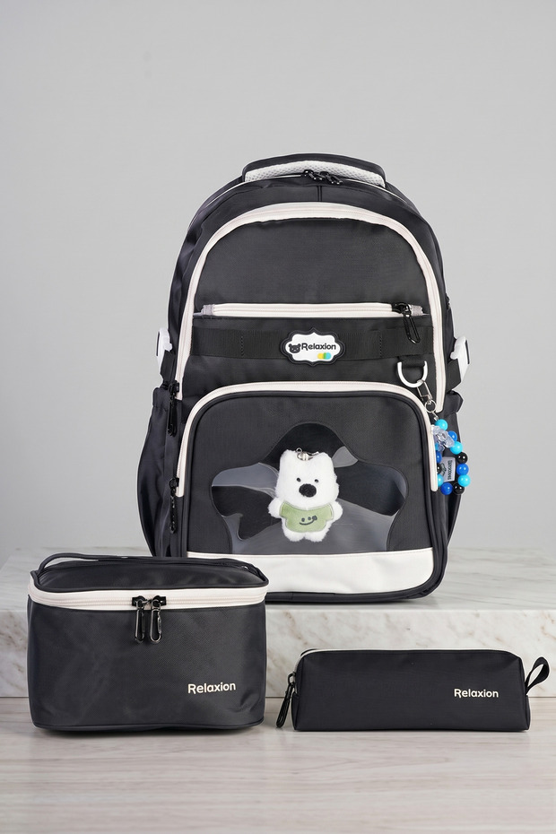 Relaxion 1920 Primary School Boys' Black School Bag Set of 3 - with Lunch Bag, Pen Holder, and Plush Keychain