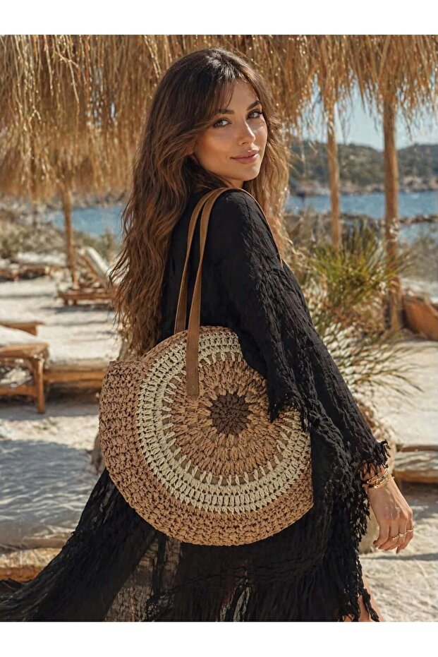 Camel Leather Strap Round Hand Knitted Straw Women's Bag 42X42 cm