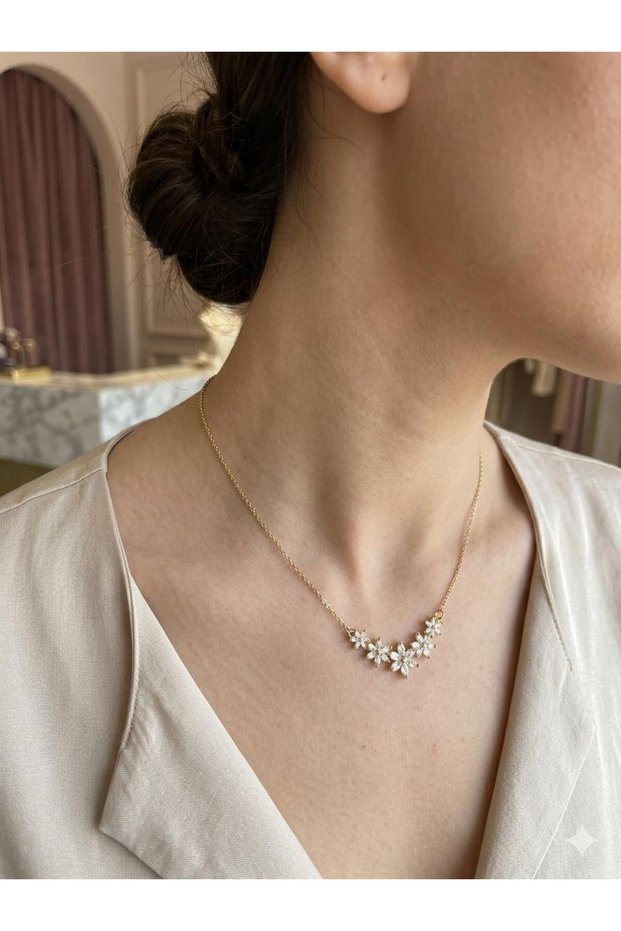 316L Stainless Steel Flower Figured Zircon Stone Gold Silver Color Women's Steel Necklace