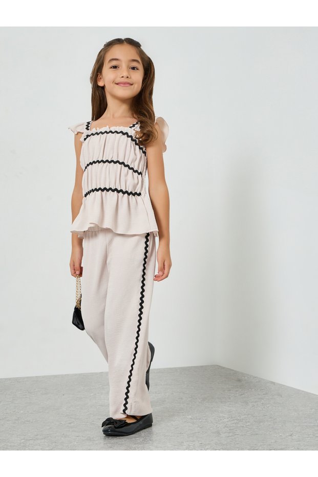 Girls Zig Zag Lace Detail Shirred Top and Pants Set