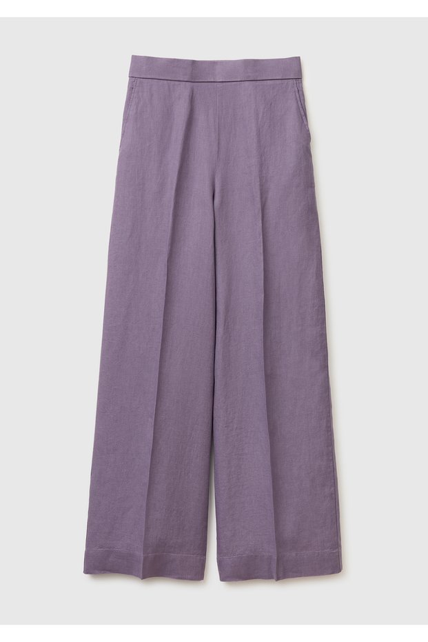 Women's Dark Gray 100% Linen Palazzo Trousers with Side Pockets and Elastic Waist at the Back