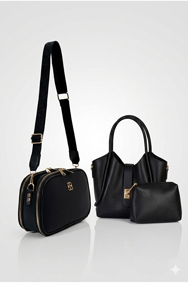 Black Women's 2-Piece Bag Set - Shoulder Bag, Handbag, and Makeup Bag Combination