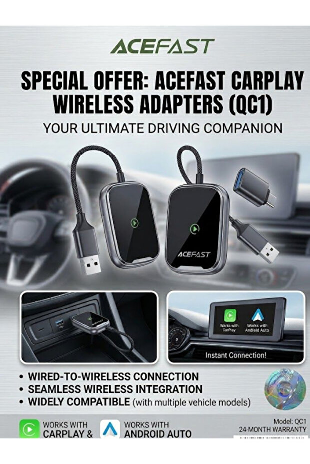 ACE Fast Wireless CarPlay Adapter USB-A to USB-C | Auto Connect | Metal Gray | Compact Design