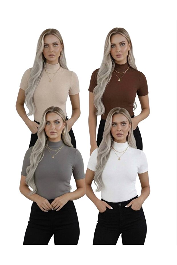Women's 4-Piece Viscose Bodysuit Half Turtleneck Half Sleeve Beige Gray White Coffee