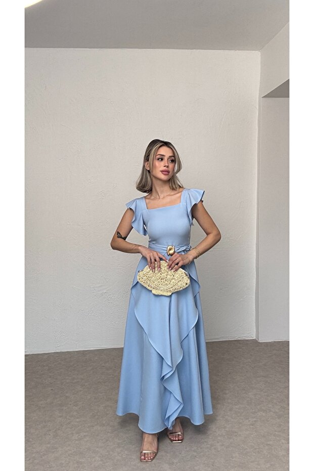 Rochie lungă cu volane și curea - 1