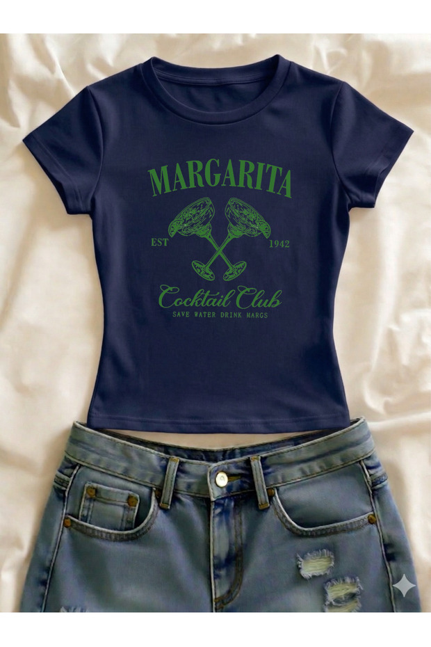 Margarita Printed Lycra Slim Fit Short Sleeve Crew Neck Tee Crop