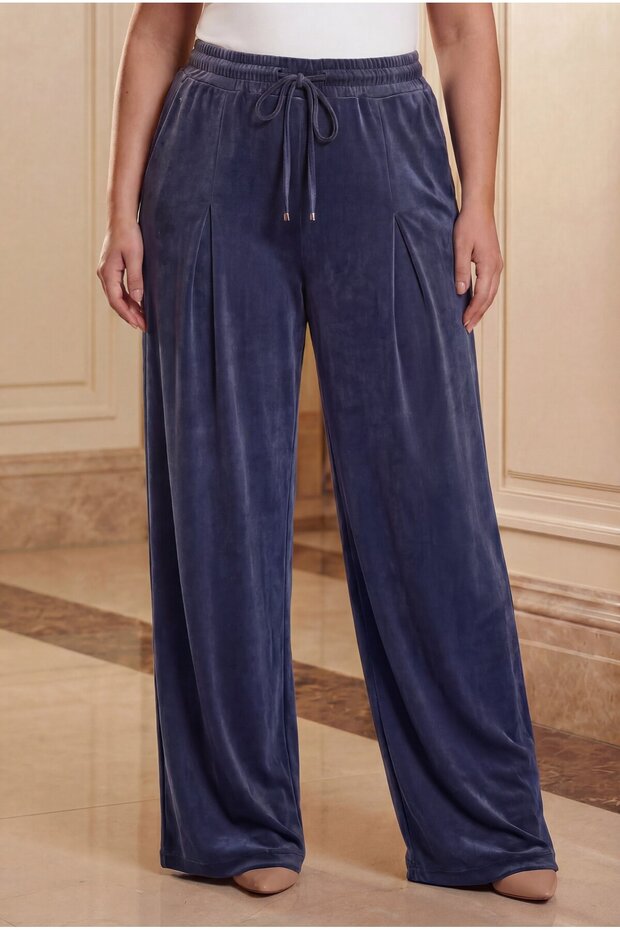 Elastic Waist Lace-Up Front Pleated Women's Plus Size Trousers Navy Blue