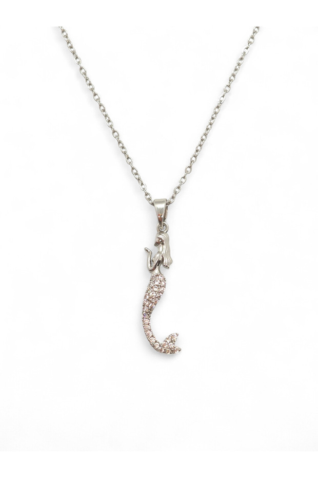 Women's Silver Color Steel Chain Mermaid Necklace with Stones, Elegant, Minimal, Stylish Gift