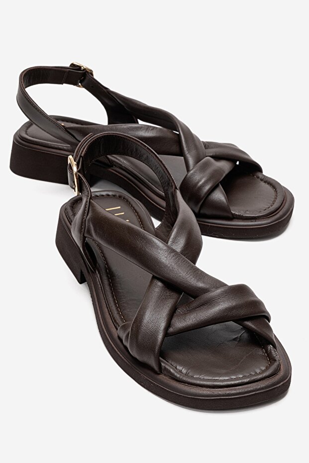 Frand Brown Genuine Leather Cross-Strap Women's Sandals