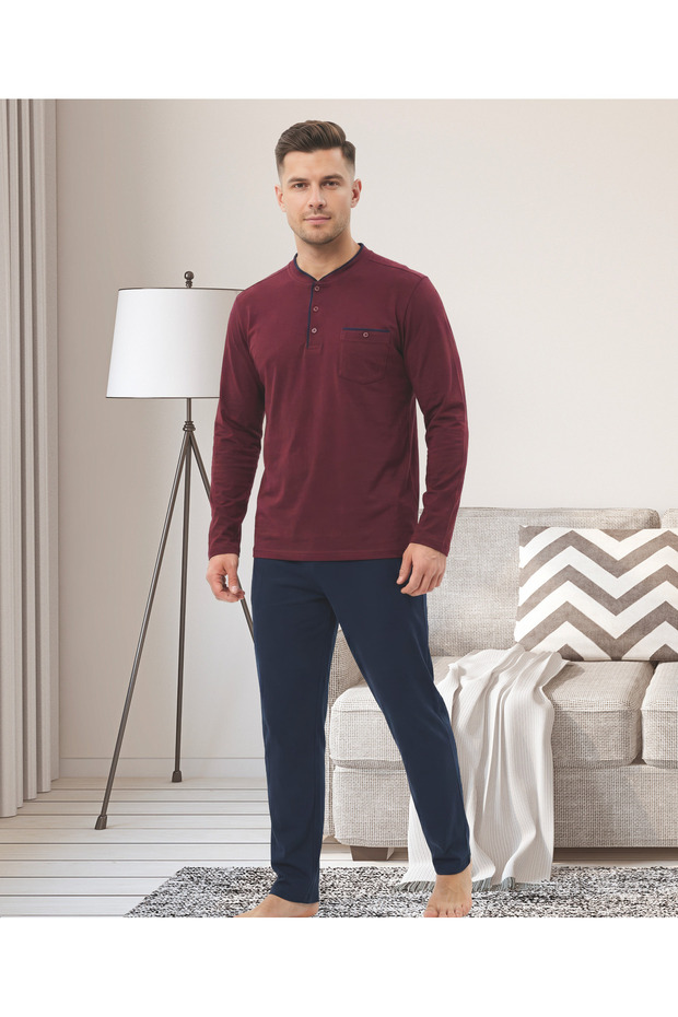 Men's Pajama Set 100% Cotton Buttoned Lapel Long Sleeve Burgundy Color Bottom-Top Set