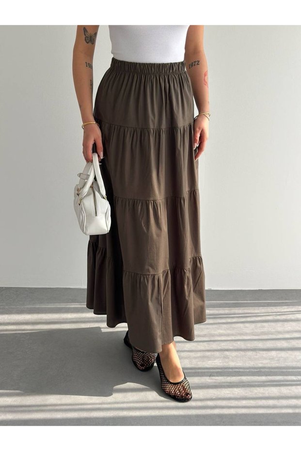 Women's Layered Long Skirt with Elastic Waist – Loose Flared Maxi Length Casual Skirt