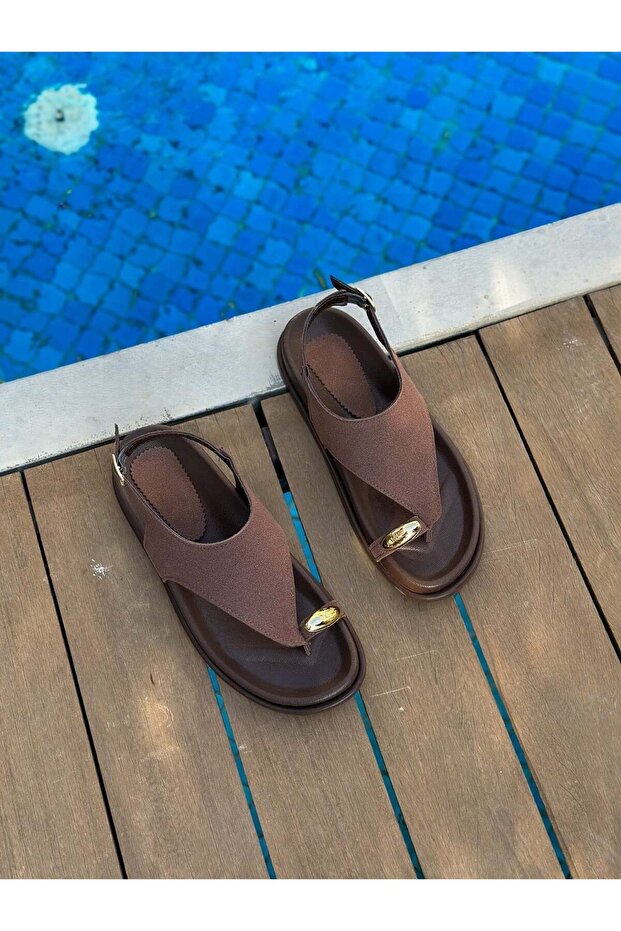 Brown Suede (Belly) Flip-Flop Sandals with Gold Accessories