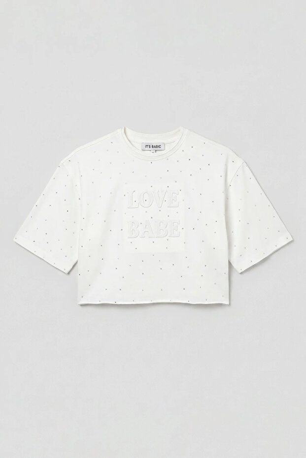 İts Basic Women's Crop Shiny Stone Special Design Knitted T-Shirt