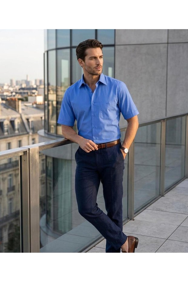 Men's Classic Wide Cut Plain Short Sleeve Cotton Shirt