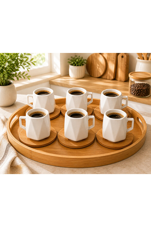 6-Piece Prism Model Porcelain Turkish Coffee Cup Set – with Bamboo Saucers & Stylish Coffee Set