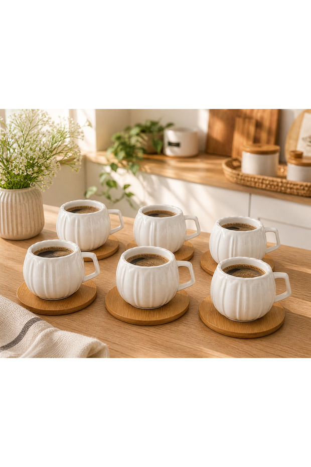 6-Piece Pumpkin Model Porcelain Turkish Coffee Cup Set – Natural and Stylish Coffee Set with Bamboo Plates