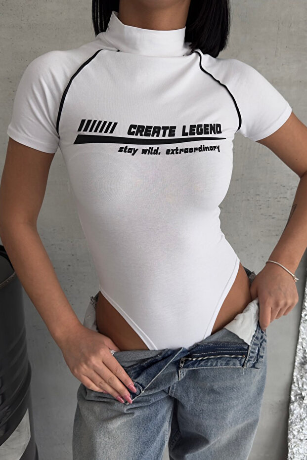 Create Legend White Printed Body-Hugging Bodysuit with Piping Detail, Short Sleeves, Cotton, Snap Fasteners