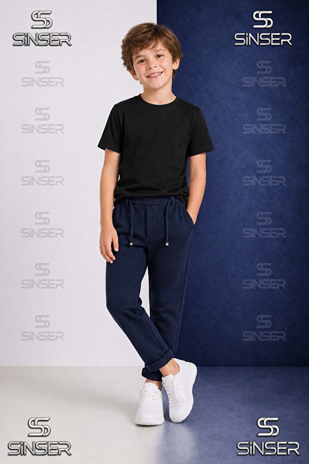 Boys' Plain Trousers with Elastic Waist Lycra Folded Cuffs Style 7.Mdl