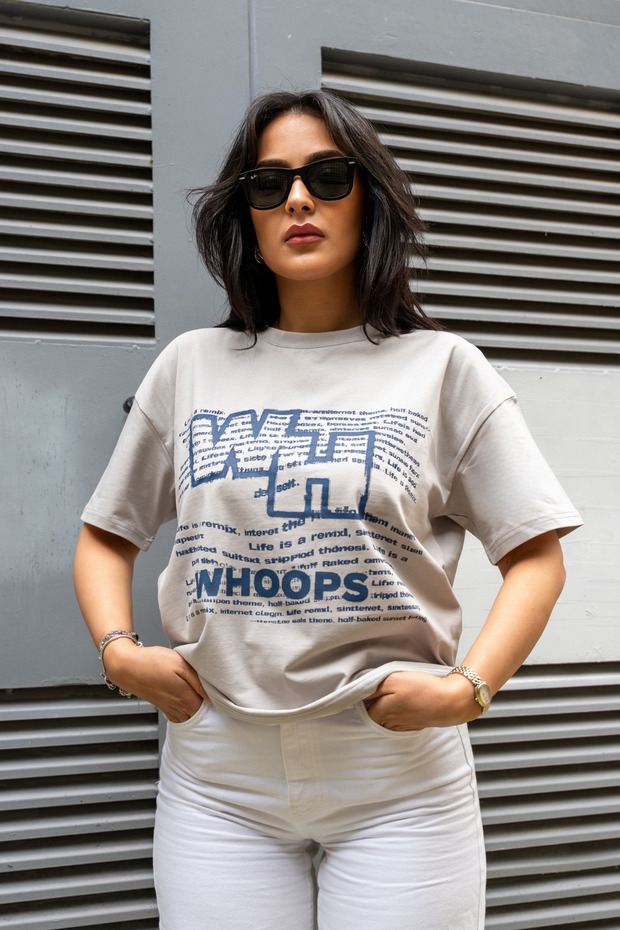 Women's Stone Color Oversize Whoops Printed Lycra Crew Neck T-Shirt (95% Cotton)