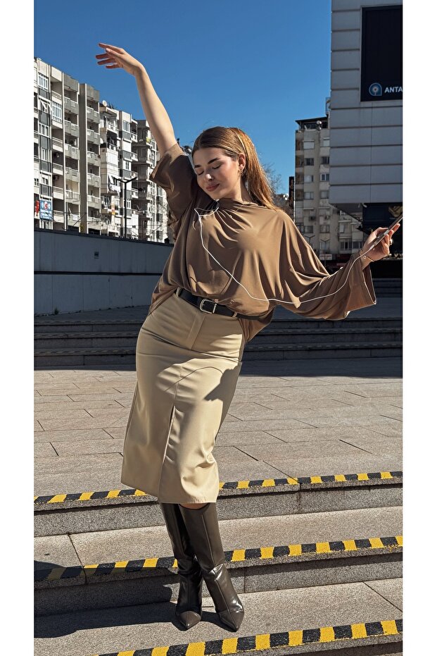 Beige Midi Leather Nova Skirt