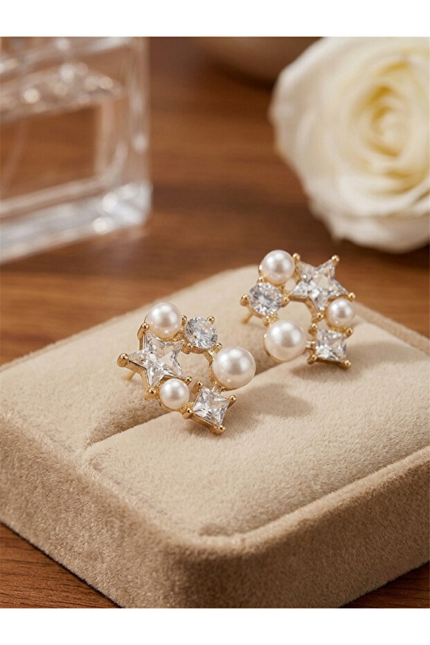 White Pearl and Star Stone Garland Earrings