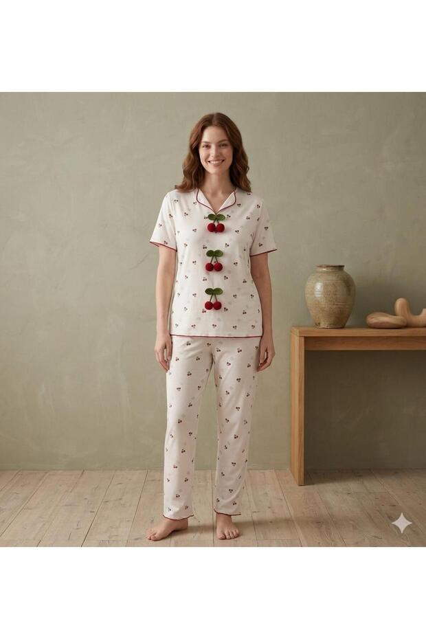 Lycra Cherry Patterned Women's Pajama Set